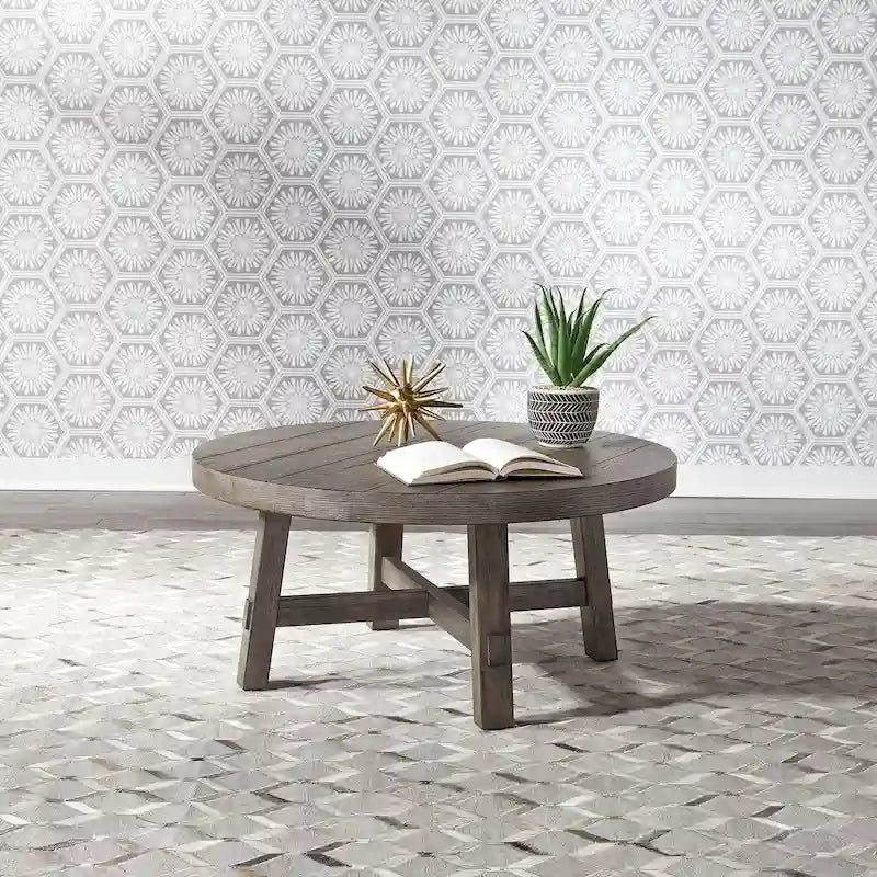 Dusty Charcoal Distressed Round Wood Veneer Cocktail Table with Splayed Legs