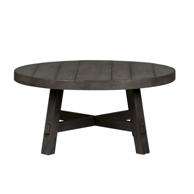 Dusty Charcoal Distressed Round Wood Veneer Cocktail Table with Splayed Legs