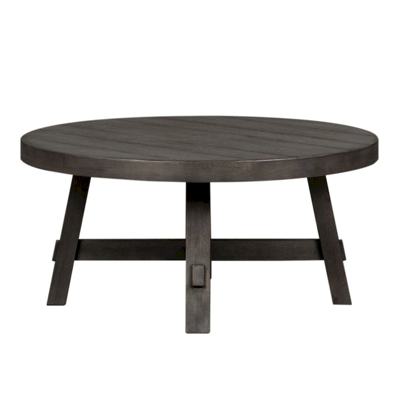 Dusty Charcoal Distressed Round Wood Veneer Cocktail Table with Splayed Legs