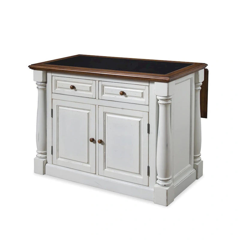 Antiqued White Distressed Oak Kitchen Island with Granite Inset Storage