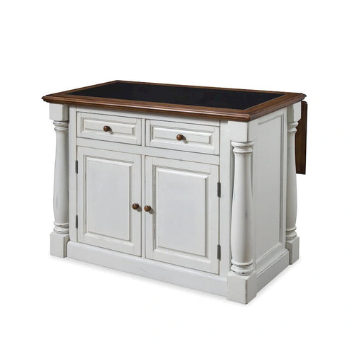 Antiqued White Distressed Oak Kitchen Island with Granite Inset Storage