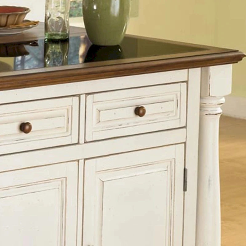 Antiqued White Distressed Oak Kitchen Island with Granite Inset Storage