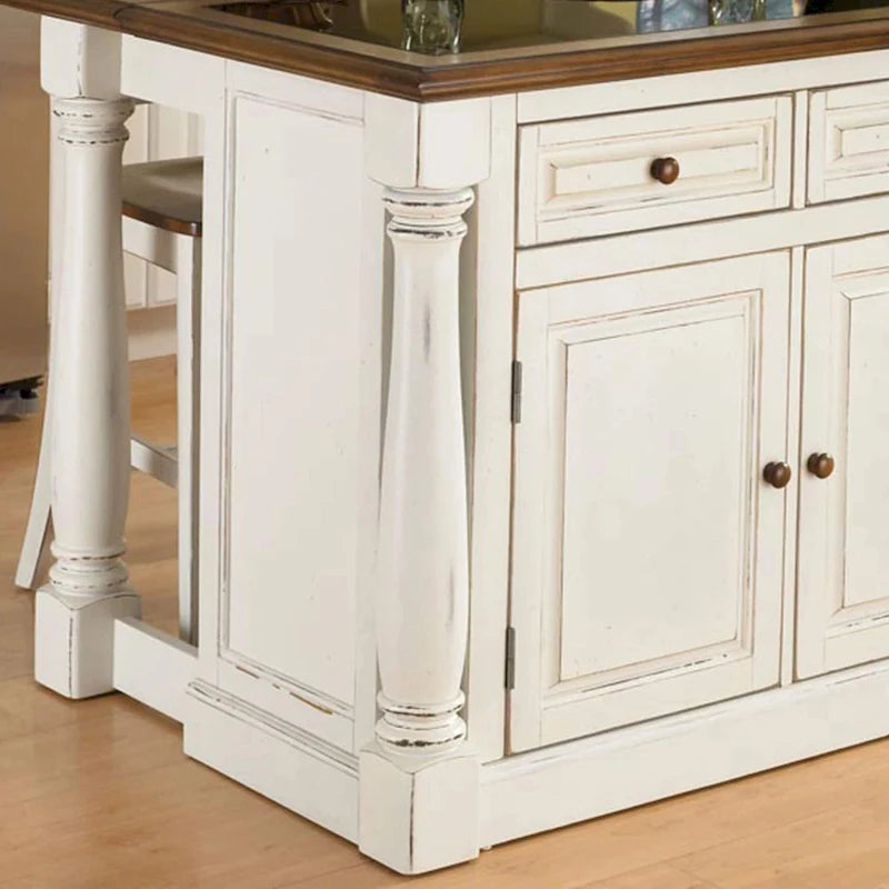 Antiqued White Distressed Oak Kitchen Island with Granite Inset Storage