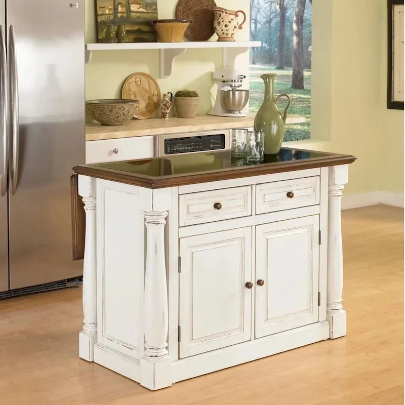 Antiqued White Distressed Oak Kitchen Island with Granite Inset Storage