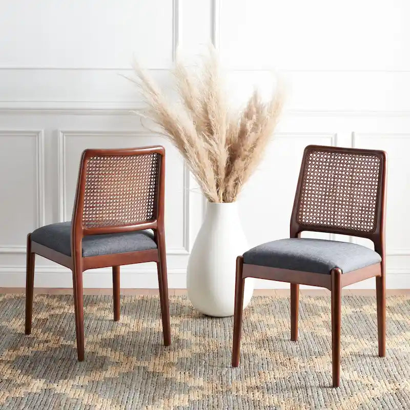 Rattan Cushion Dining Chair Coastal Farmhouse Style Wood Frame