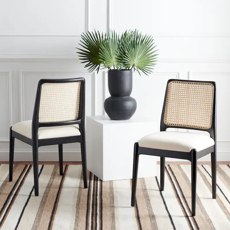 Rattan Cushion Dining Chair Coastal Farmhouse Style Wood Frame