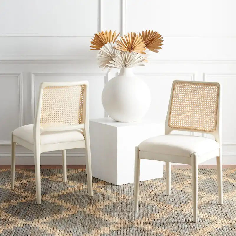 Rattan Cushion Dining Chair Coastal Farmhouse Style Wood Frame