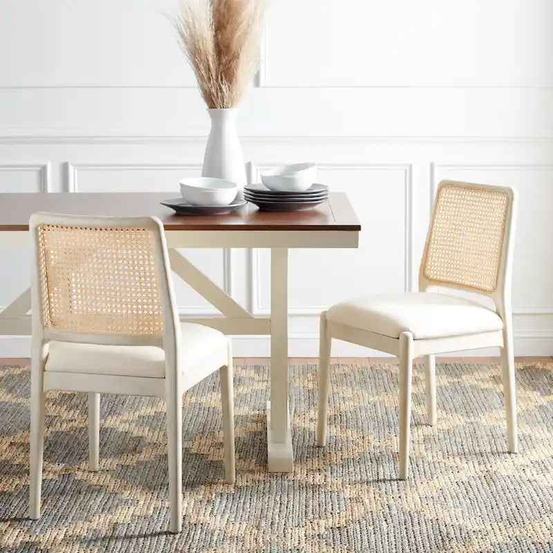 Rattan Cushion Dining Chair Coastal Farmhouse Style Wood Frame