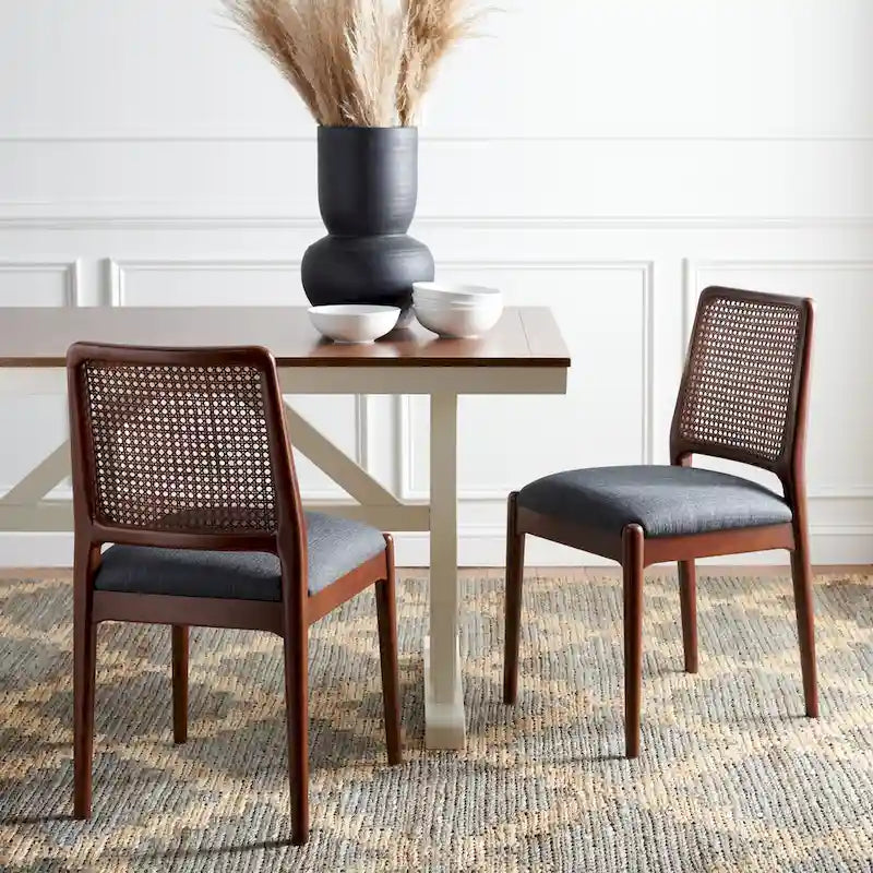 Rattan Cushion Dining Chair Coastal Farmhouse Style Wood Frame