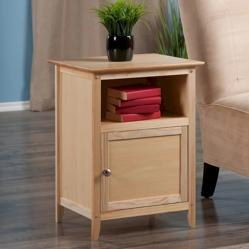 Accent Table Nightstand with Cabinet Open Shelf Natural Black