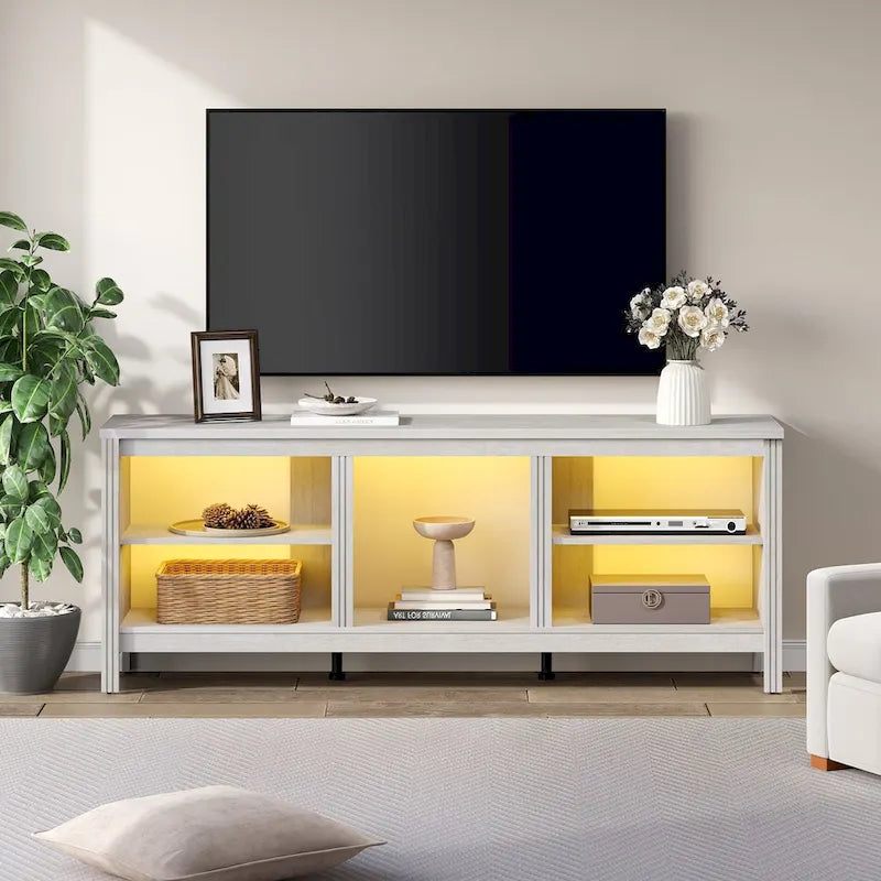 70-Inch TV Stand Console Table with LED Lights and Open Storage Shelves