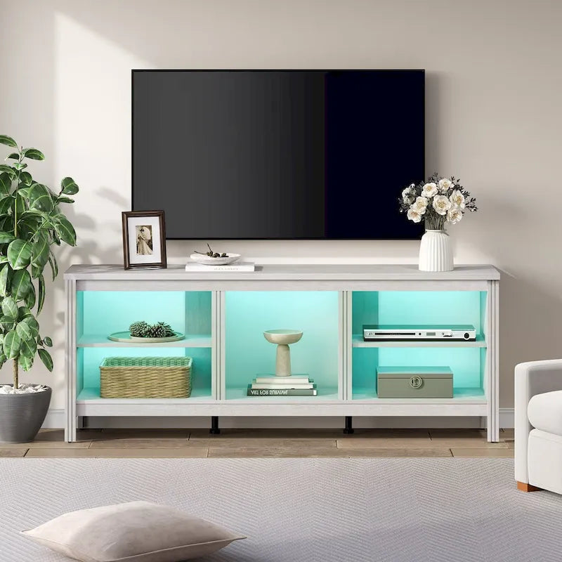 70-Inch TV Stand Console Table with LED Lights and Open Storage Shelves