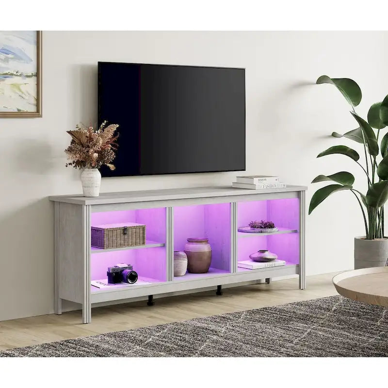 70-Inch TV Stand Console Table with LED Lights and Open Storage Shelves