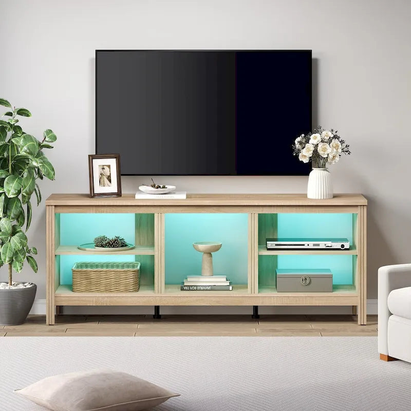 70-Inch TV Stand Console Table with LED Lights and Open Storage Shelves