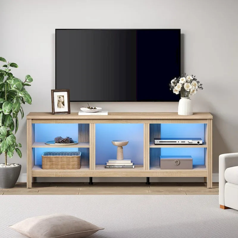 70-Inch TV Stand Console Table with LED Lights and Open Storage Shelves
