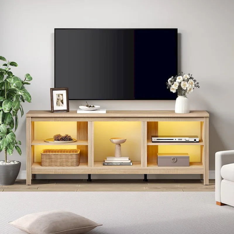 70-Inch TV Stand Console Table with LED Lights and Open Storage Shelves