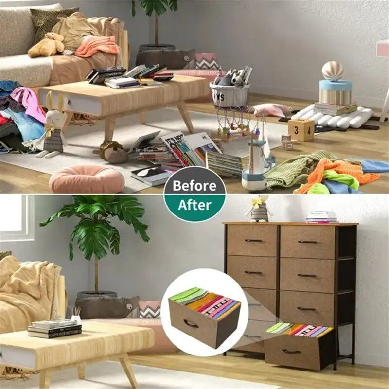 8-Drawer Fabric Storage Dresser with Metal Frame and Wood Top, Brown