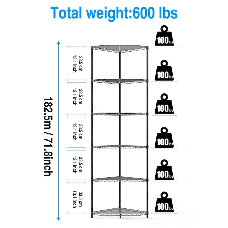6-Tier Heavy Duty Corner Wire Shelving Unit Free Standing Storage Rack
