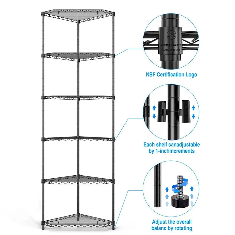 6-Tier Heavy Duty Corner Wire Shelving Unit Free Standing Storage Rack
