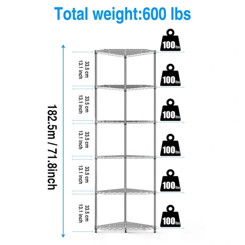 6-Tier Heavy Duty Corner Wire Shelving Unit Free Standing Storage Rack