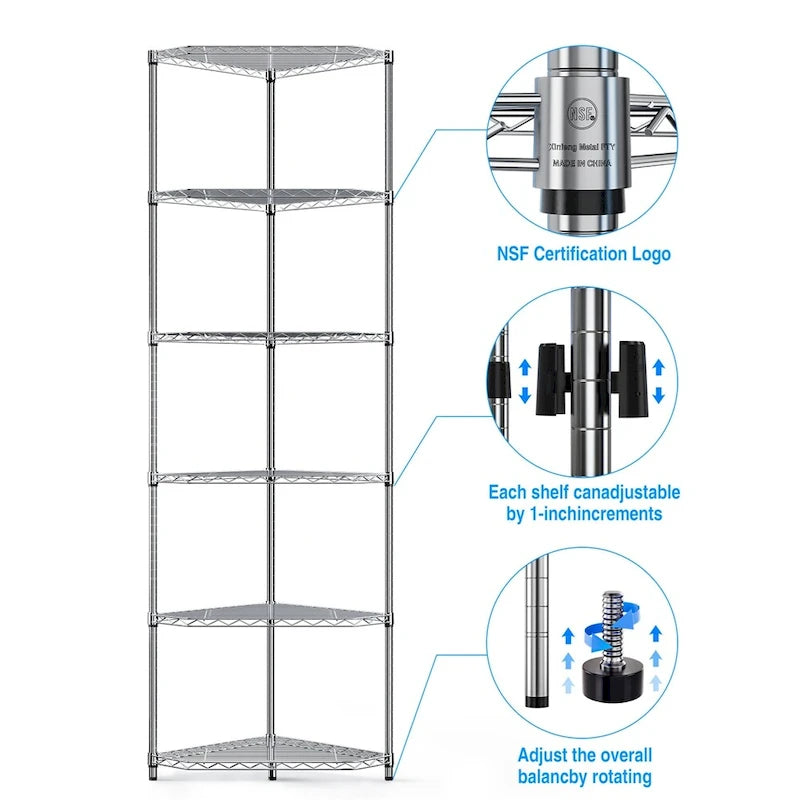 6-Tier Heavy Duty Corner Wire Shelving Unit Free Standing Storage Rack