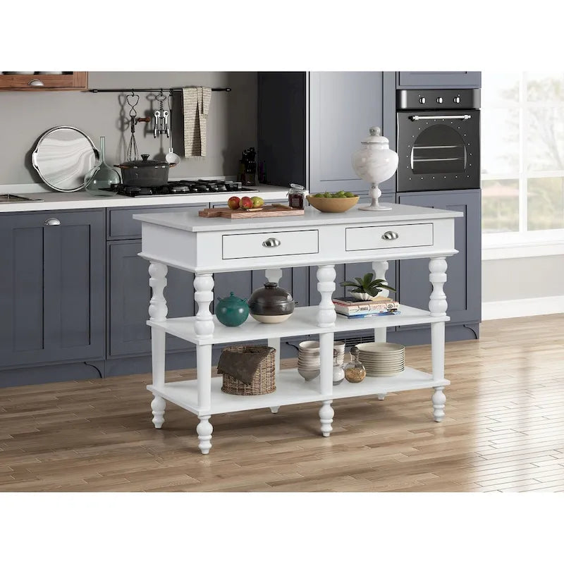 White Marble Top Kitchen Island with 2 Drawers and Open Shelves
