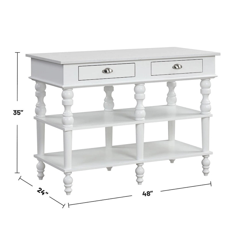White Marble Top Kitchen Island with 2 Drawers and Open Shelves