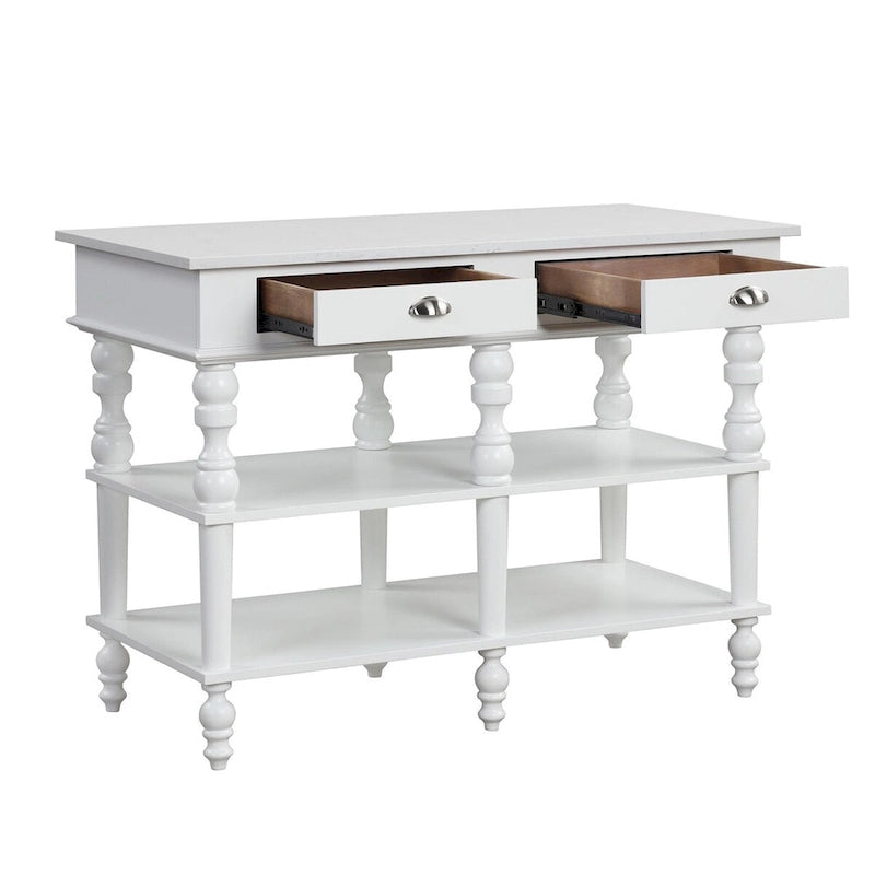 White Marble Top Kitchen Island with 2 Drawers and Open Shelves