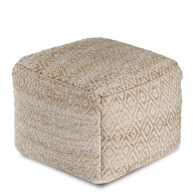 Handwoven Diamond Pattern Square Pouf Ottoman Beige Cotton Footrest Seat