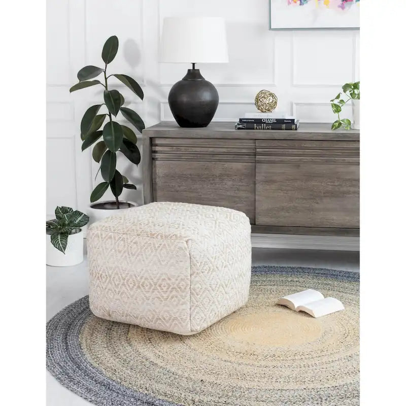Handwoven Diamond Pattern Square Pouf Ottoman Beige Cotton Footrest Seat