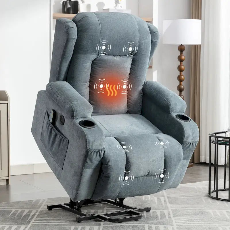 Electric Power Lift Recliner Chair with Massage Heating and USB Port Blue Grey Brown