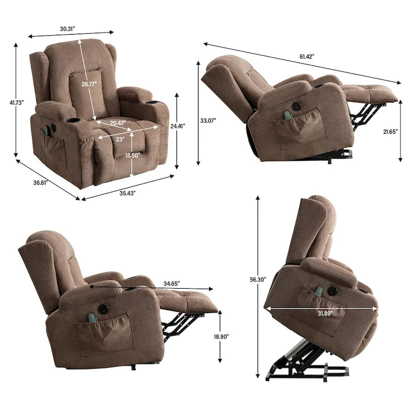 Electric Power Lift Recliner Chair with Massage Heating and USB Port Blue Grey Brown