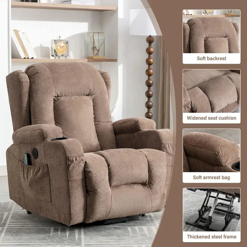 Electric Power Lift Recliner Chair with Massage Heating and USB Port Blue Grey Brown