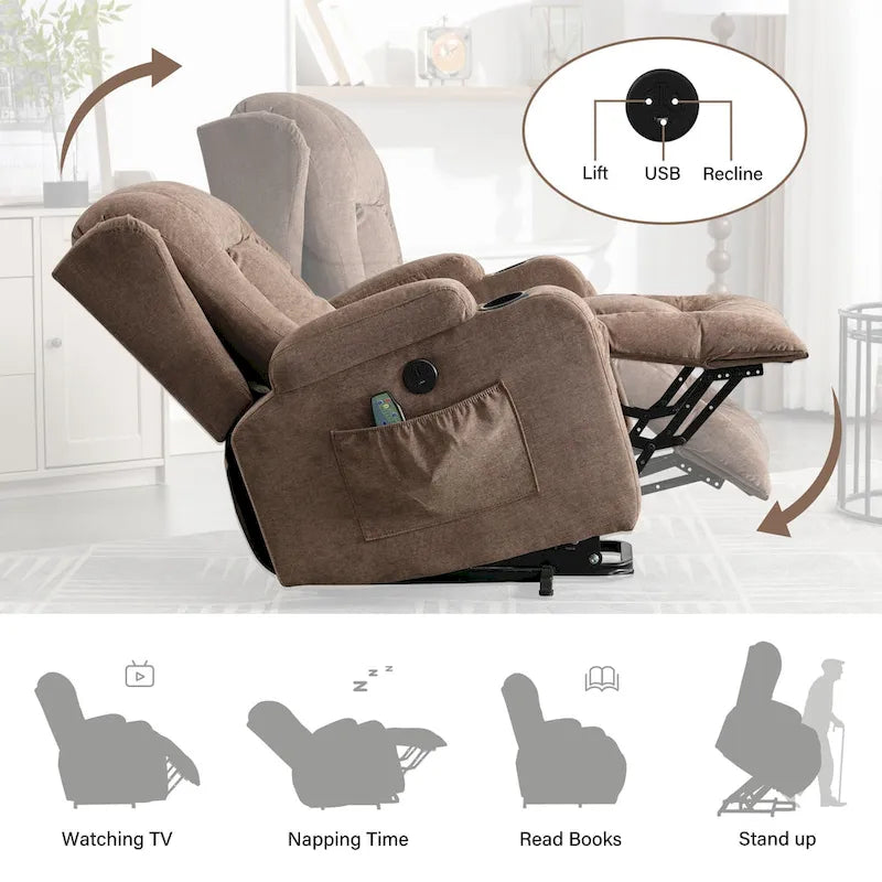 Electric Power Lift Recliner Chair with Massage Heating and USB Port Blue Grey Brown