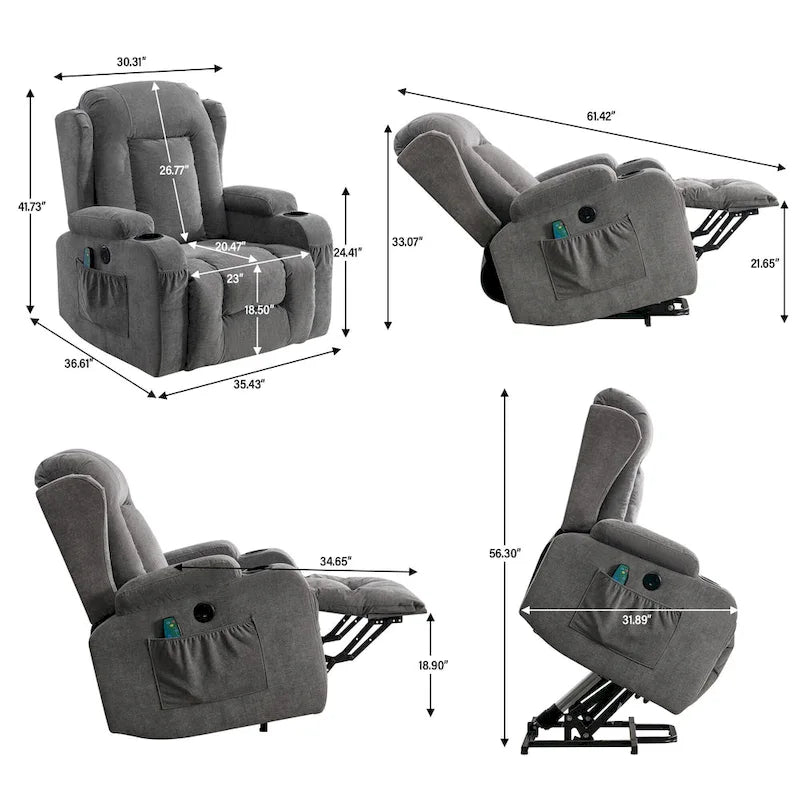 Electric Power Lift Recliner Chair with Massage Heating and USB Port Blue Grey Brown