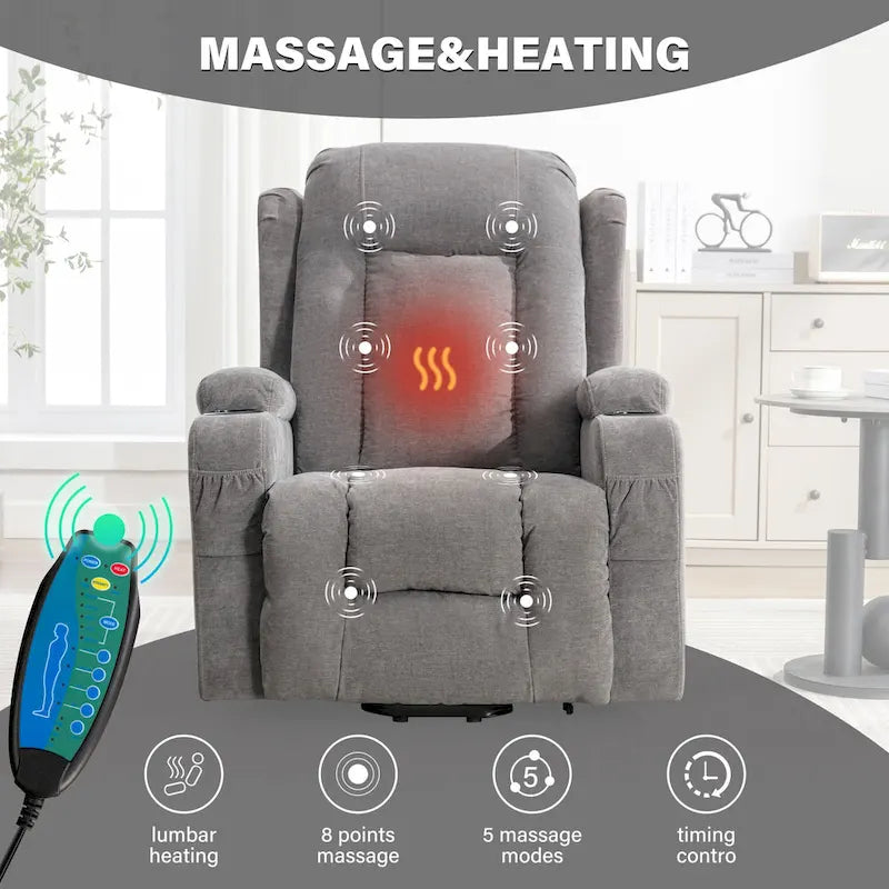 Electric Power Lift Recliner Chair with Massage Heating and USB Port Blue Grey Brown