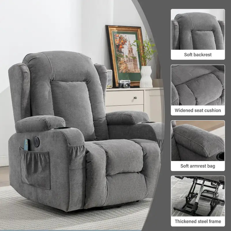 Electric Power Lift Recliner Chair with Massage Heating and USB Port Blue Grey Brown