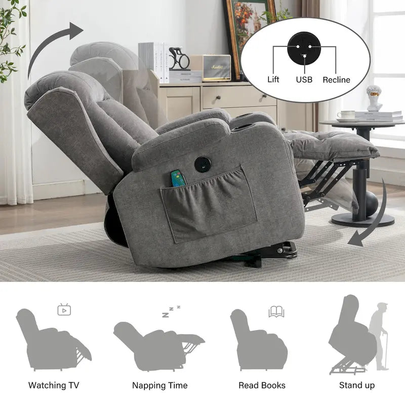 Electric Power Lift Recliner Chair with Massage Heating and USB Port Blue Grey Brown