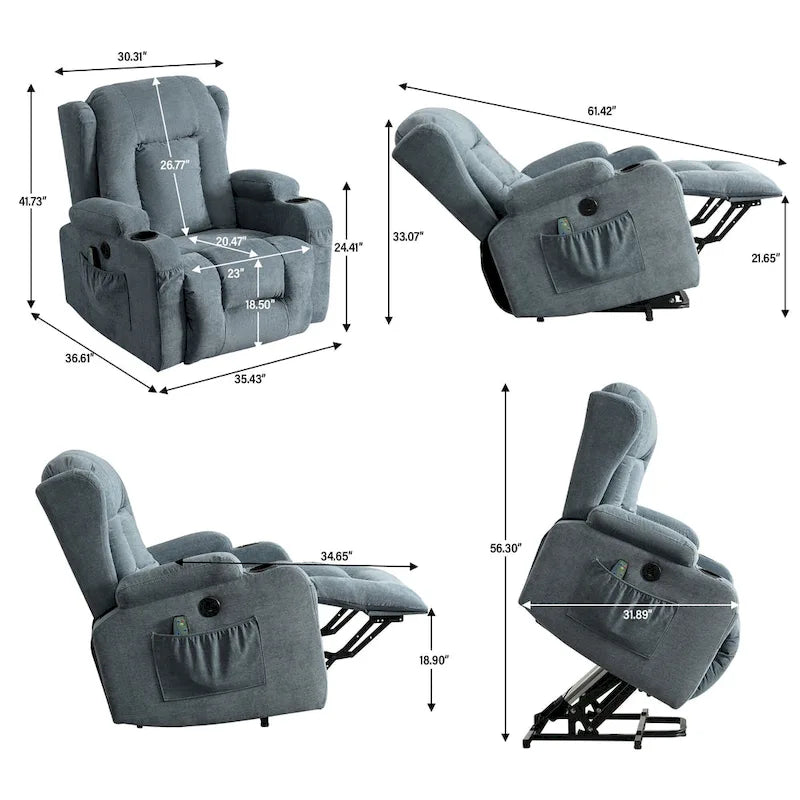 Electric Power Lift Recliner Chair with Massage Heating and USB Port Blue Grey Brown