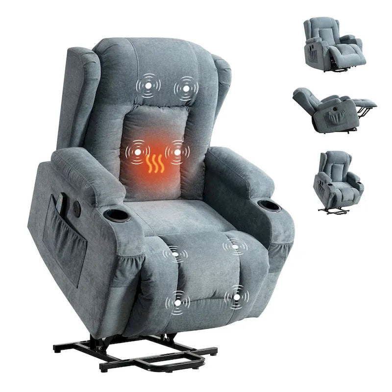 Electric Power Lift Recliner Chair with Massage Heating and USB Port Blue Grey Brown