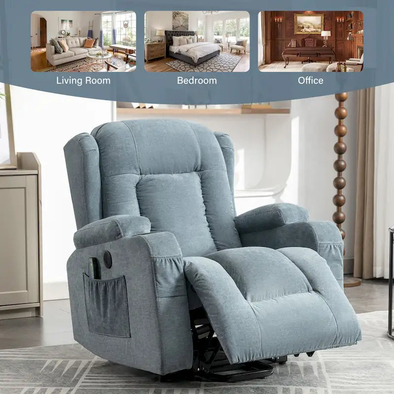 Electric Power Lift Recliner Chair with Massage Heating and USB Port Blue Grey Brown