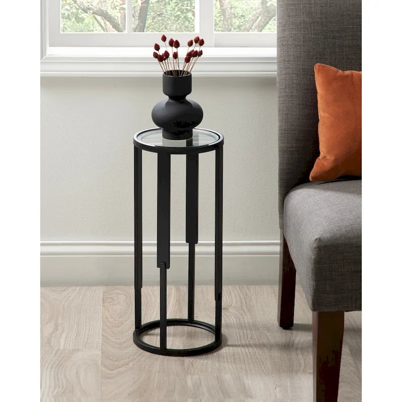 Black Metal Round Drink Side Table with Clear Tempered Glass Top