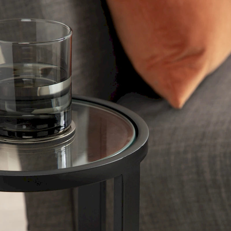 Black Metal Round Drink Side Table with Clear Tempered Glass Top