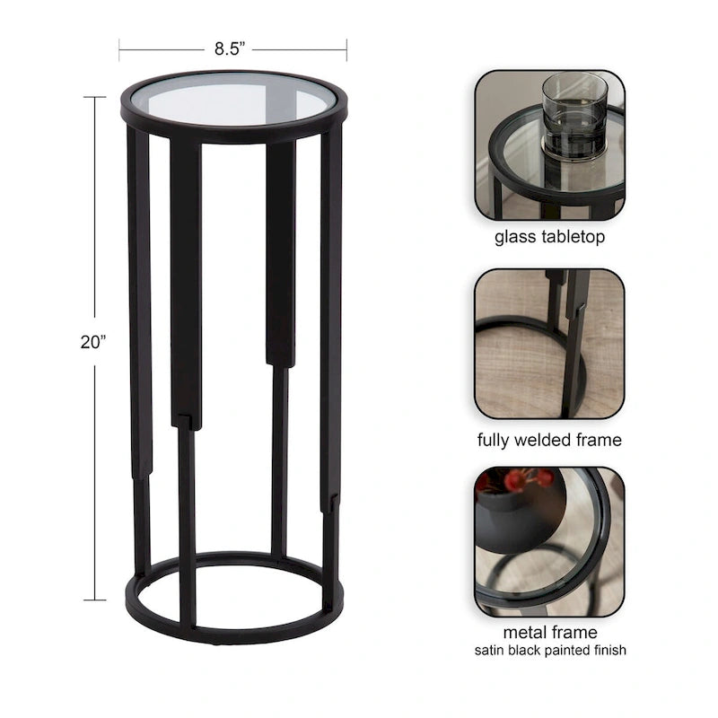 Black Metal Round Drink Side Table with Clear Tempered Glass Top