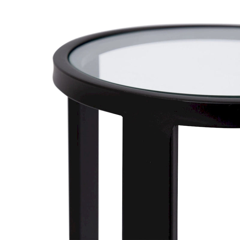 Black Metal Round Drink Side Table with Clear Tempered Glass Top