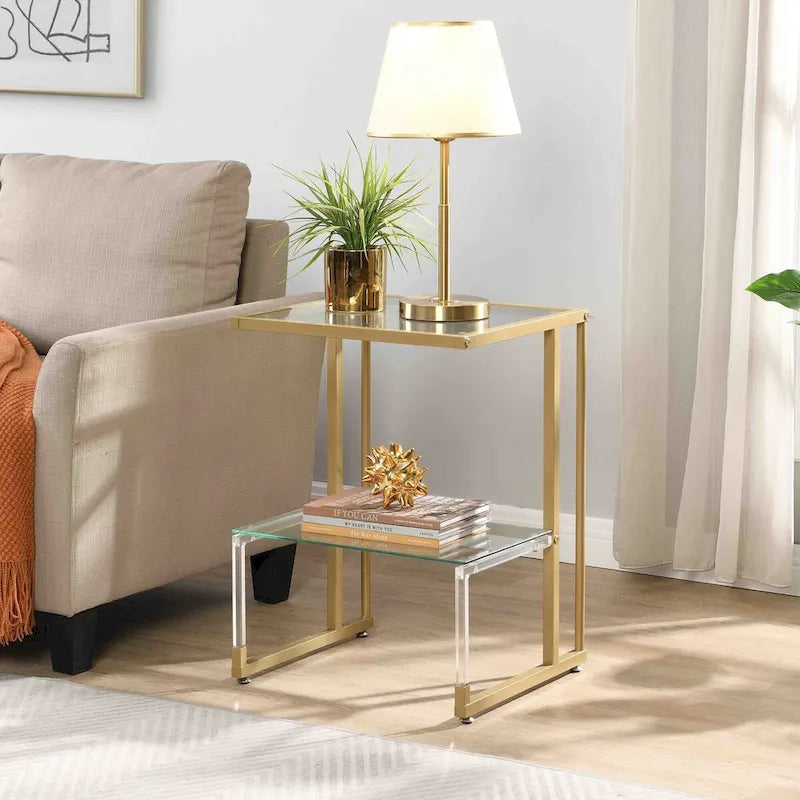 2-Tier Gold Metal Acrylic Glass End Table with Lower Shelf, Gold