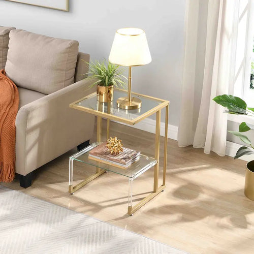 2-Tier Gold Metal Acrylic Glass End Table with Lower Shelf, Gold