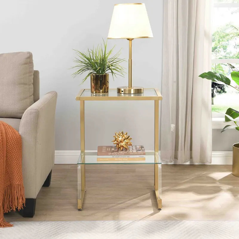 2-Tier Gold Metal Acrylic Glass End Table with Lower Shelf, Gold