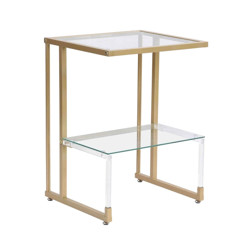 2-Tier Gold Metal Acrylic Glass End Table with Lower Shelf, Gold
