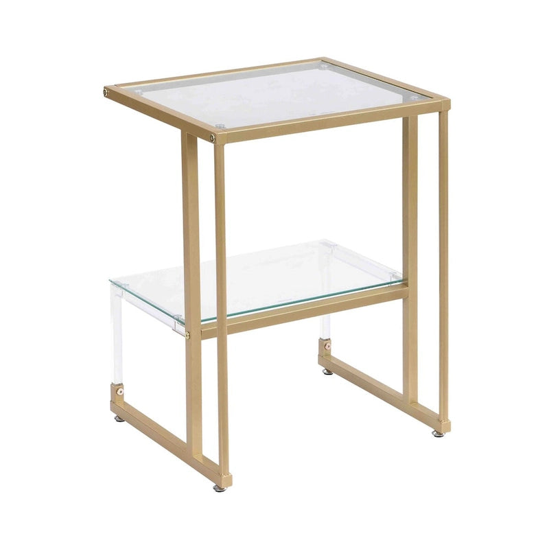 2-Tier Gold Metal Acrylic Glass End Table with Lower Shelf, Gold